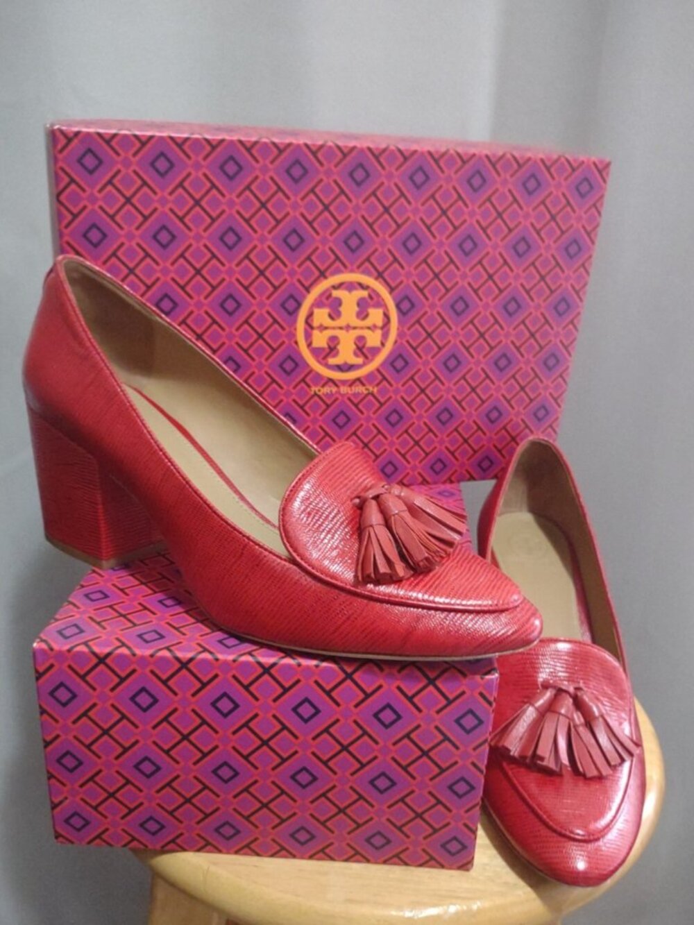 Tory Burch Ruby Red Leather Tassel Pump- Style No: 55049, Size: 11
